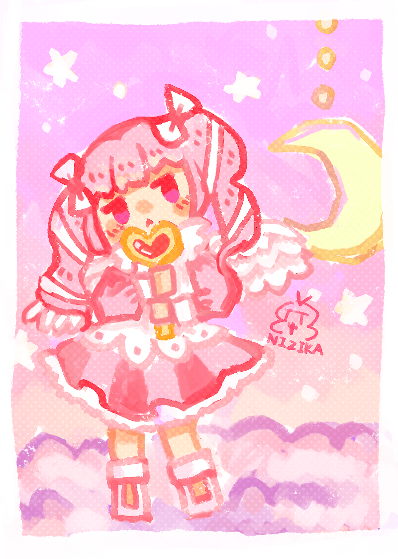 ピンクの太い線画で描かれた、ツインテールの天使の女の子のイラスト。