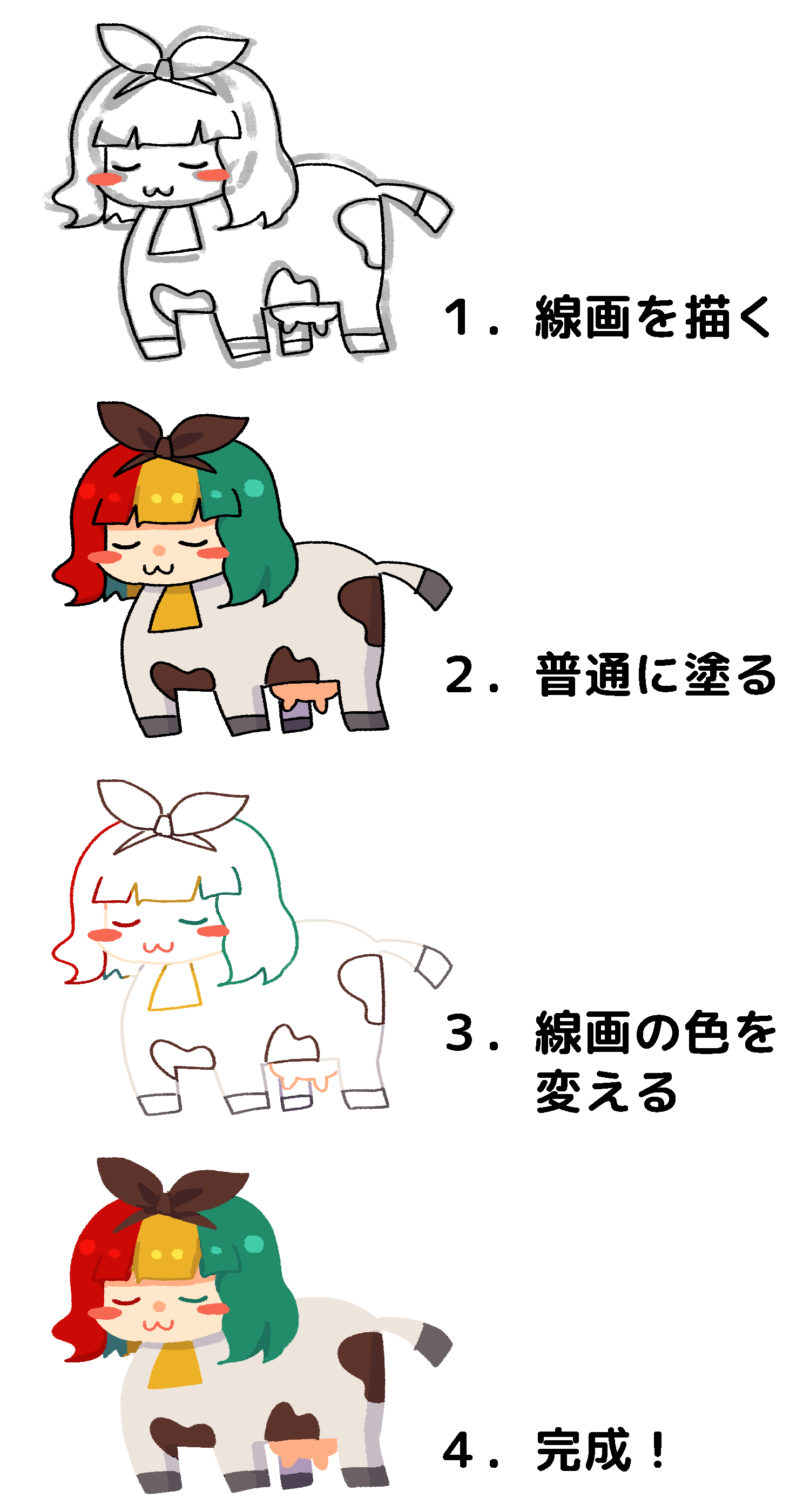 線画着色式の主線なし絵の描き方。線画を描く、普通に塗る、線画の色を変える、完成の4工程。