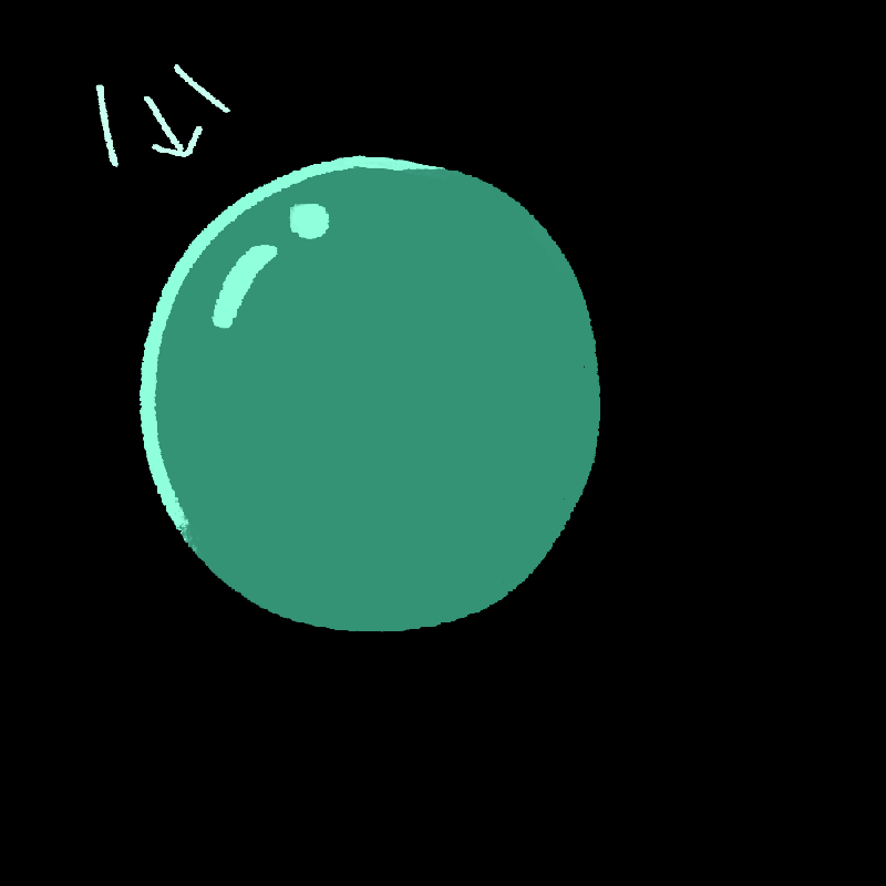 黒い闇に描かれた緑色のボール。左上から光が当たり、フチが光っている。